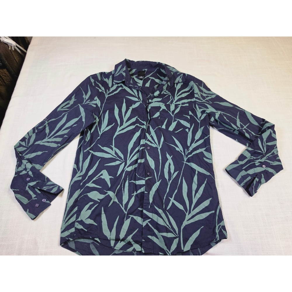 HM Mens Navy Blue Green Leaf Coastal Print Button Down Shirt Long Sleeve Small